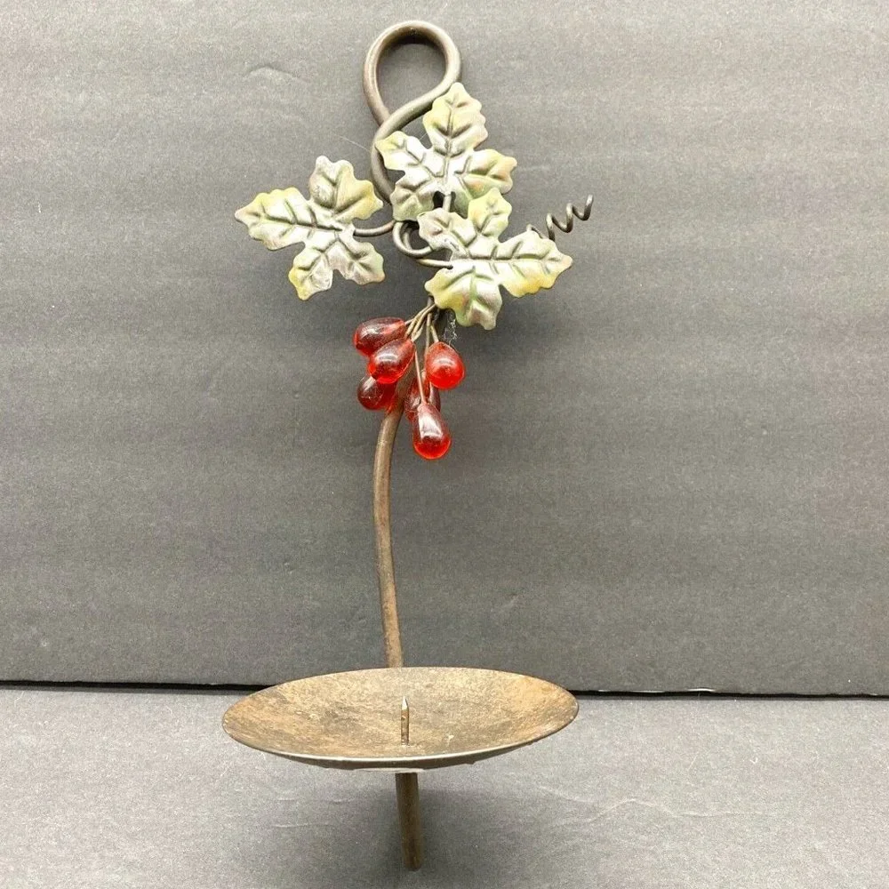 Vintage 80s Grape Vine Wall Candle Sconce Metal Toleware Tuscan Farmhouse Rustic